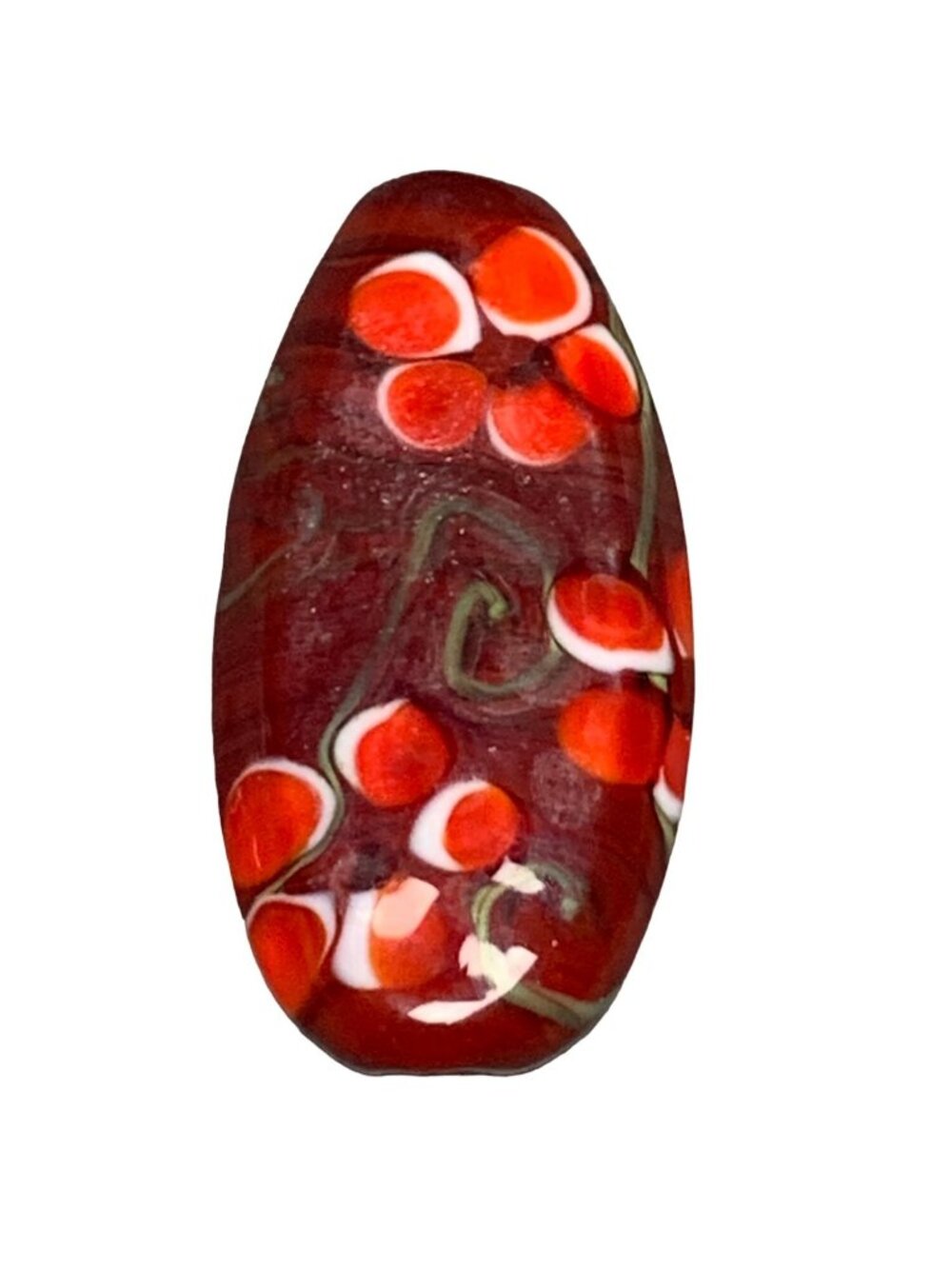 Vintage Lampwork Red Glass Bead with White & Green Floral Design